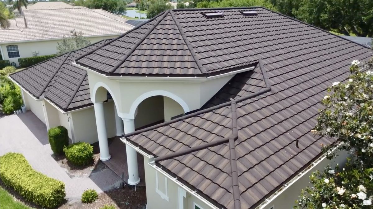 Aerial view of a completed tile roof replacement
