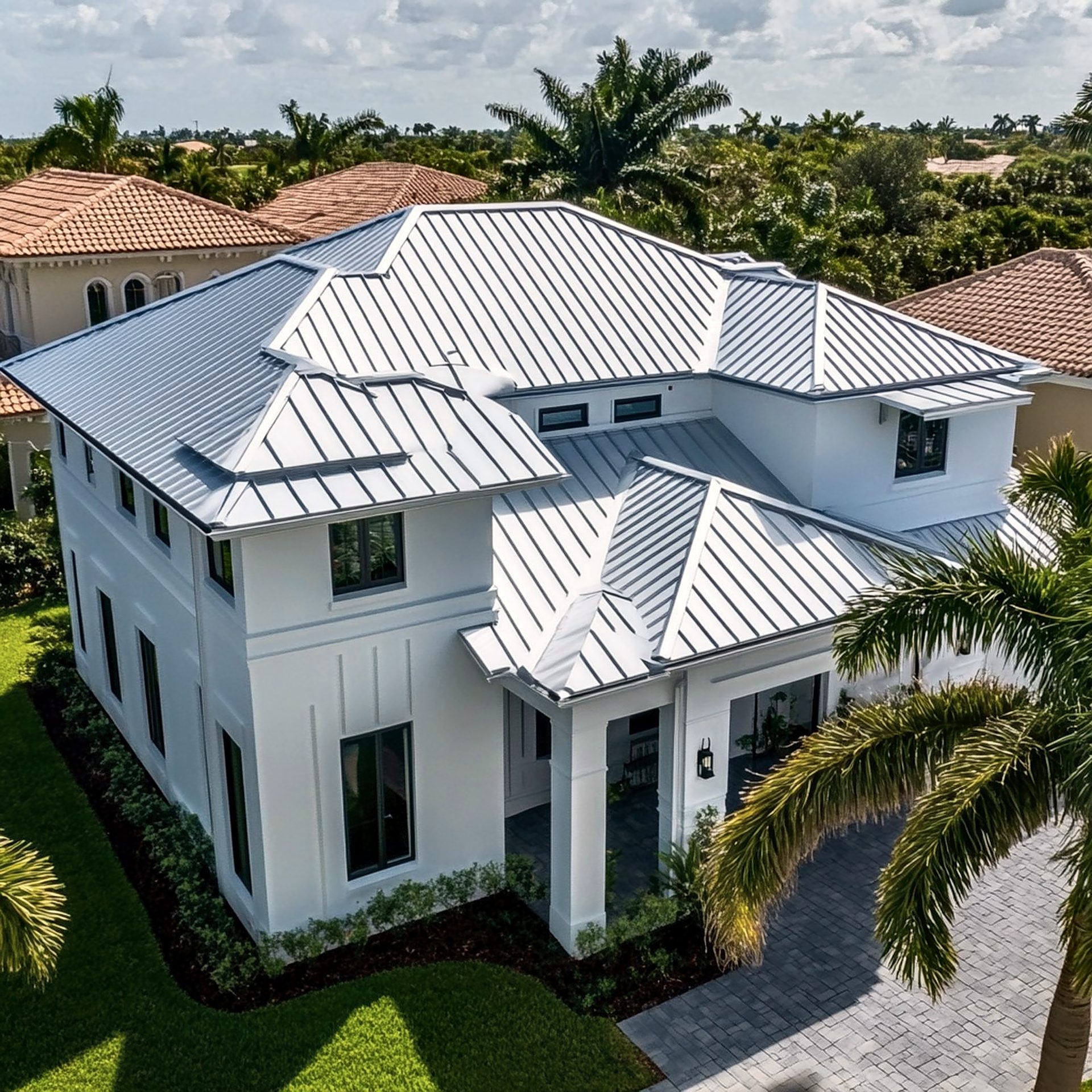Aerial view of a white standing-seam metal roof installed by Providential Roofing & Construction on a two-story Florida home